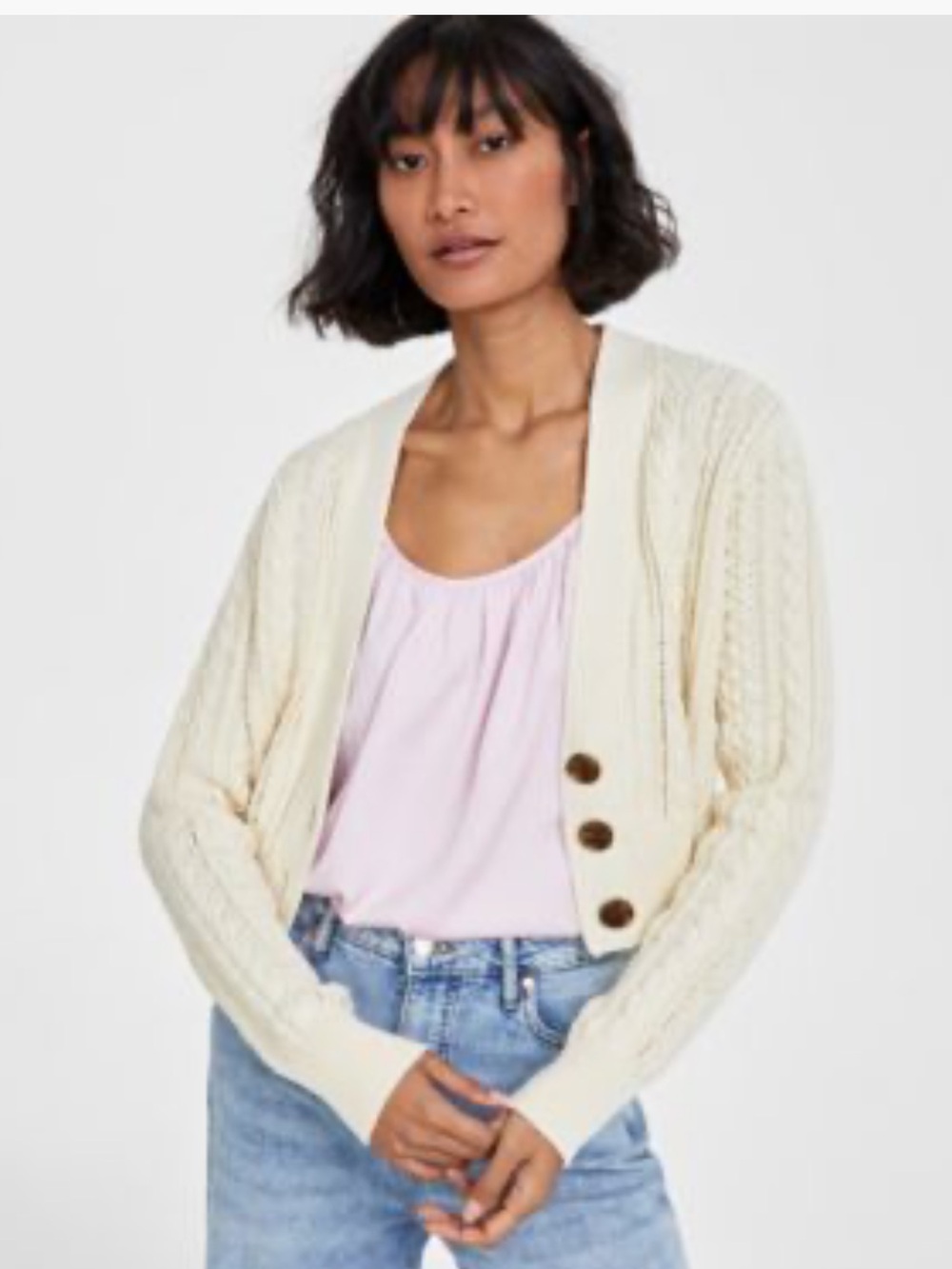 ON 34TH Macy’s Cream Cropped V-Neck Cable-Knit Fisherman Cardigan Sweater XL